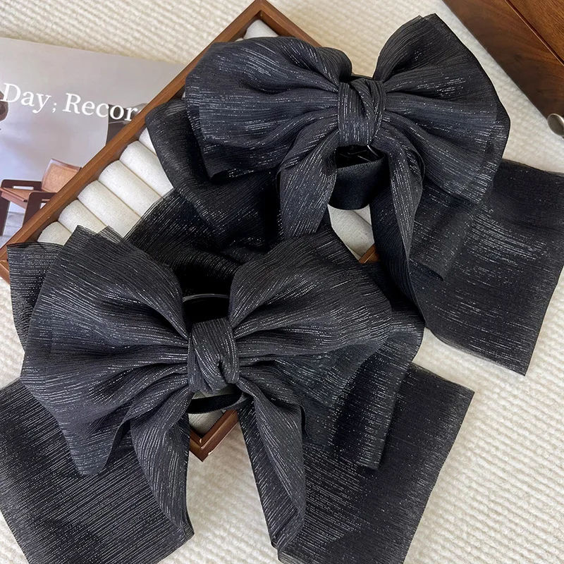 Sparkling Black Big Bow Hair Claws Headdress for Women Fashion Vintage Ponytail Clip Elegant Sweet Hairpins Hair Accessories New