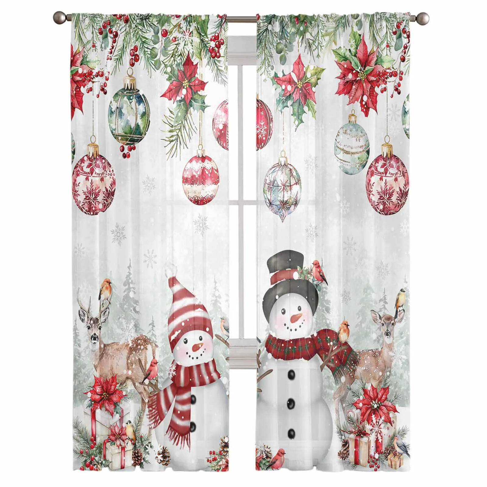 Christmas Poinsettia Berries Snowman Elk Chiffon Sheer Curtains for Living Room Bedroom Decor Kitchen Voiles Tulle Curtain