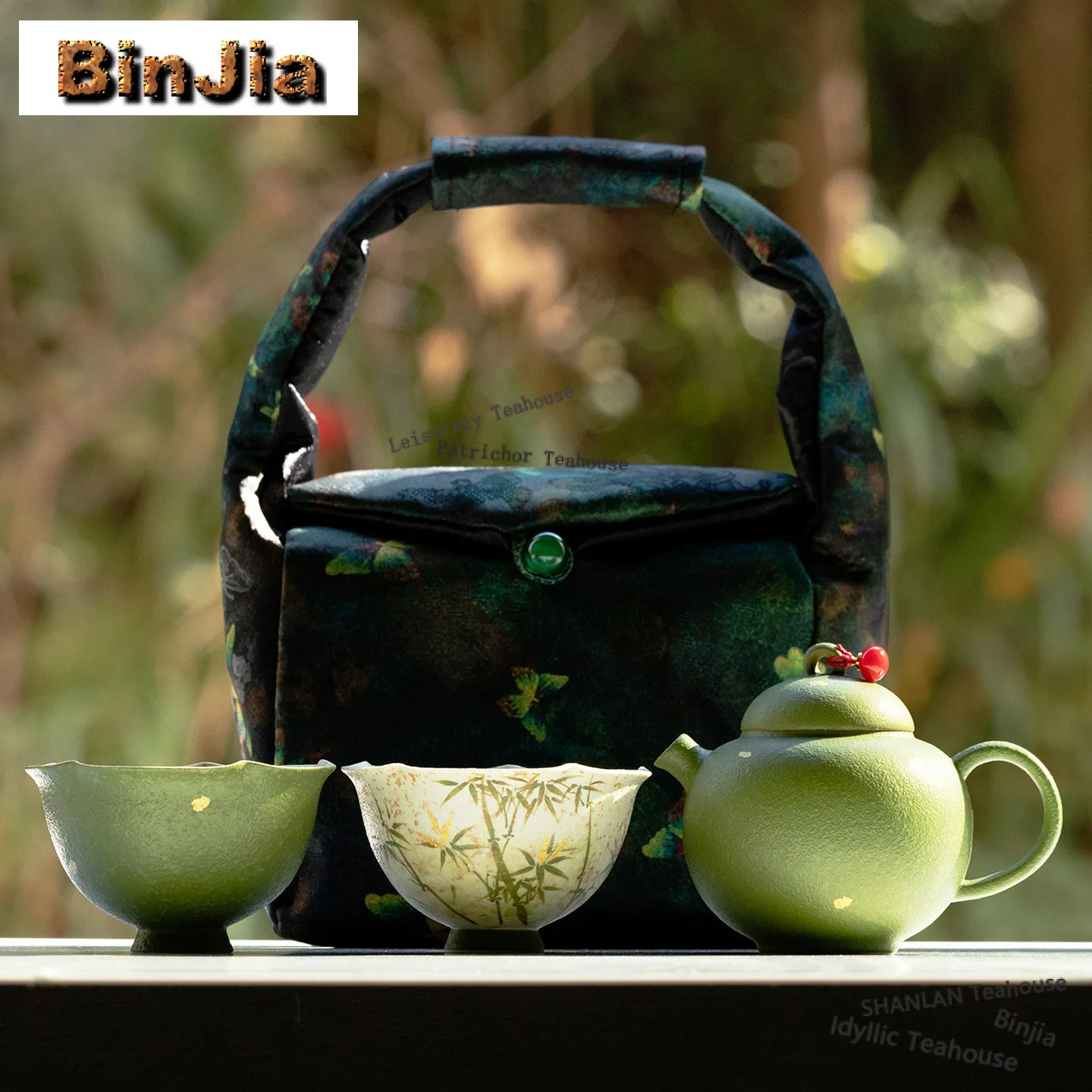 Hand-painted Bamboo Travel Tea Set Kit Aesthetic 1 Pot 2 Cups Tea Maker Organizer Portable Picnic Tote Bag Tea Items Collection