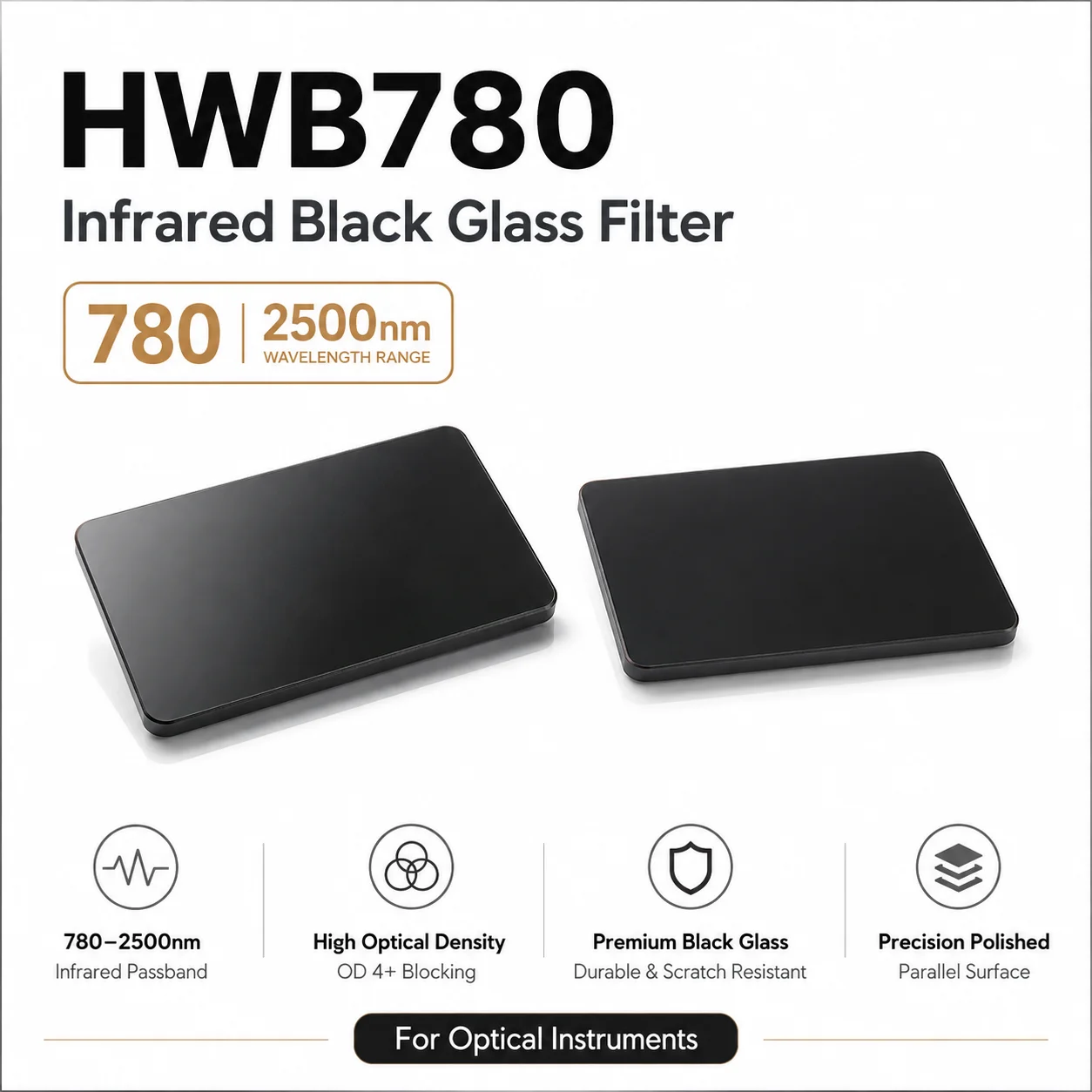 780 to 2500nm HWB780 Infrared Transmission Black Glass Absorption Filter for Optical Instruments Imaging and Detection Systems