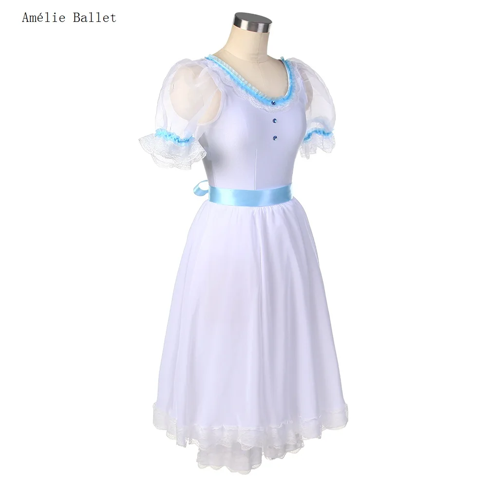 23150 Tiulowe spódniczki baletowe z bufiastymi rękawami dla dziewczynek, biały spódniczka baletowa z elastycznego materiału spandex z niebieską wstążką w talii, romantyczna spódniczka tutu.