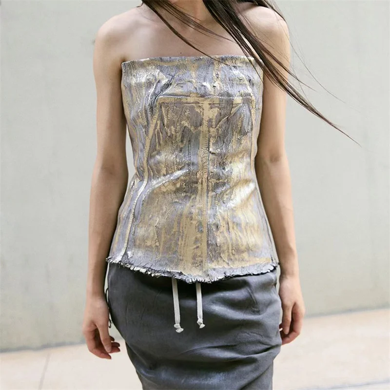 

Women's vest New Metal Gloss Coated Sleeveless Top for Summer 2025 Sexy backless women's tight corset y2k cotton blend Tank top