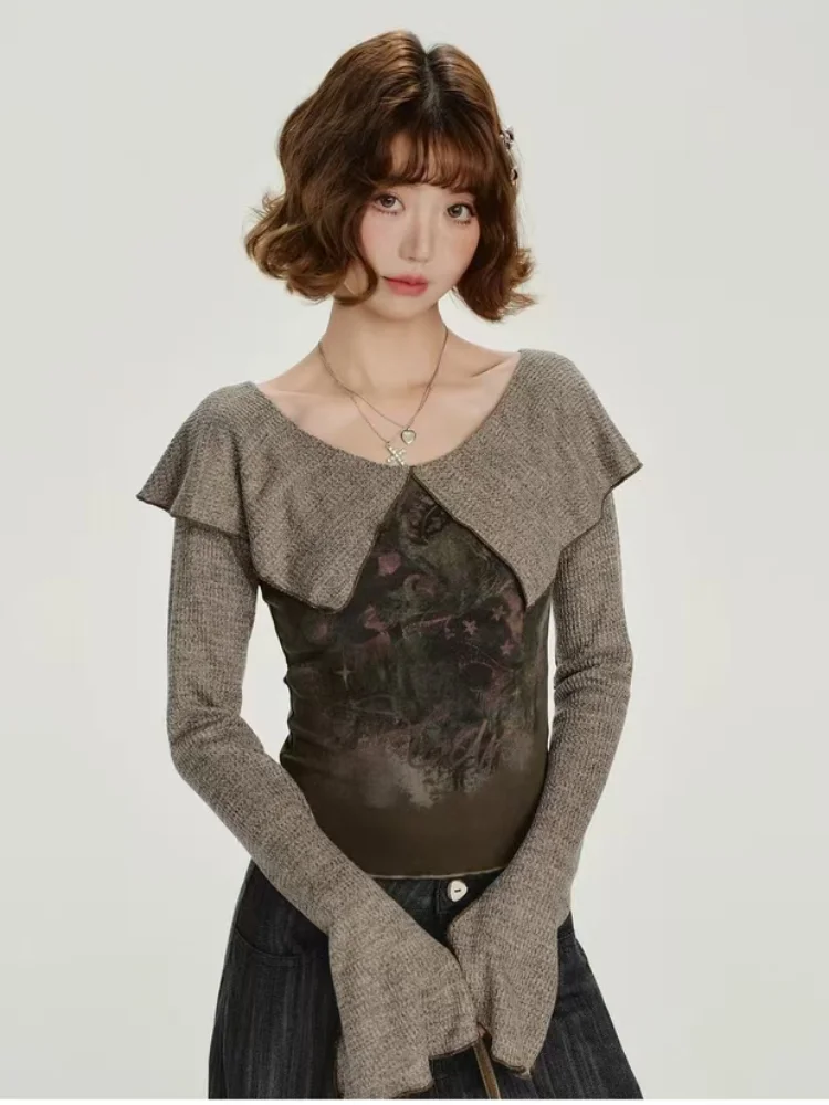 Harajuku style faux two-piece retro T-shirt, women's color-blocked punk style tight top, Y2K aesthetics, autumn slit T-shirt.