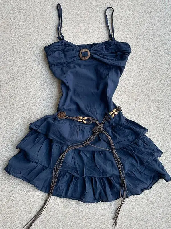 

Blue Belted Retro American Style Halter Dress Original Design Slimming A-Line Summer Cotton Blend Women's Fashion Dress