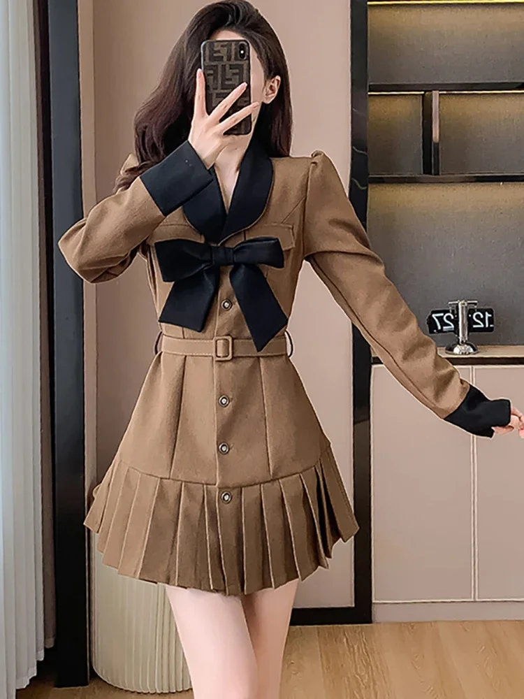 2024 New Chic Bow Y2k Mini Pleated Dress Women Long Sleeve Bodycon Casual Prom Clothes Autumn Winter Korean Elegant Party Dress