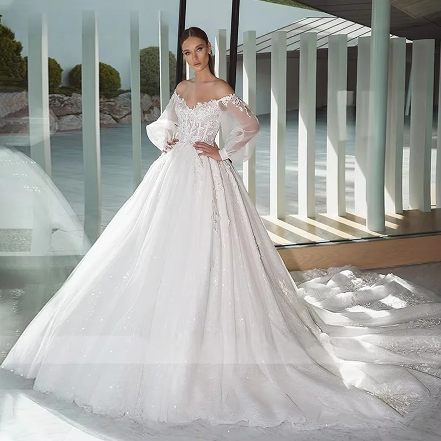 

Customzied A-Line Wedding Dress Beaded Off the Shoulder Puff Sleeve Lace Appliques Bride Princess Bridal Gown Vestidos De Novia