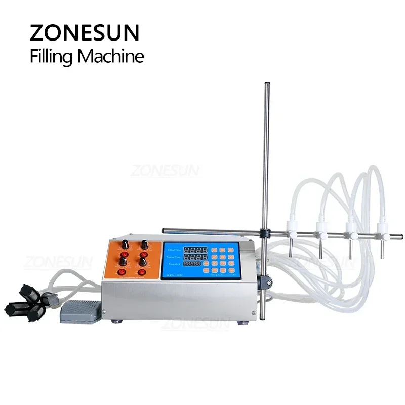 

ZONESUN 4 Heads Peristaltic Pump Filler Semi-auto Liquid Vial Desk-top Filling Machine For Juice Beverage Soy Sauce Oil Perfume