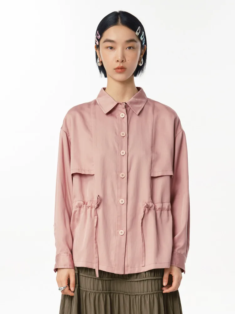

MOVEUP Loose Long Sleeves Shirt 2026 New Spring Drop Sleeves Button Waist Drawstring Splicing Casual Top For Women 125120403