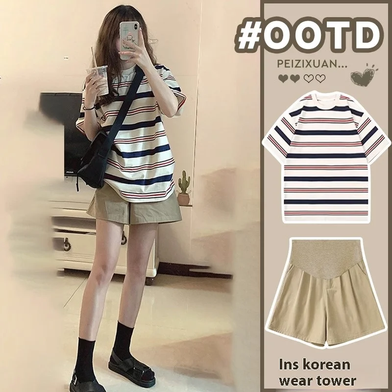 Maternity Summer Suit Short-Sleeved Fashion Summer New Shorts Casual Lazy Striped Top Short-Sleeved Shorts Two-Piece Set Yankee