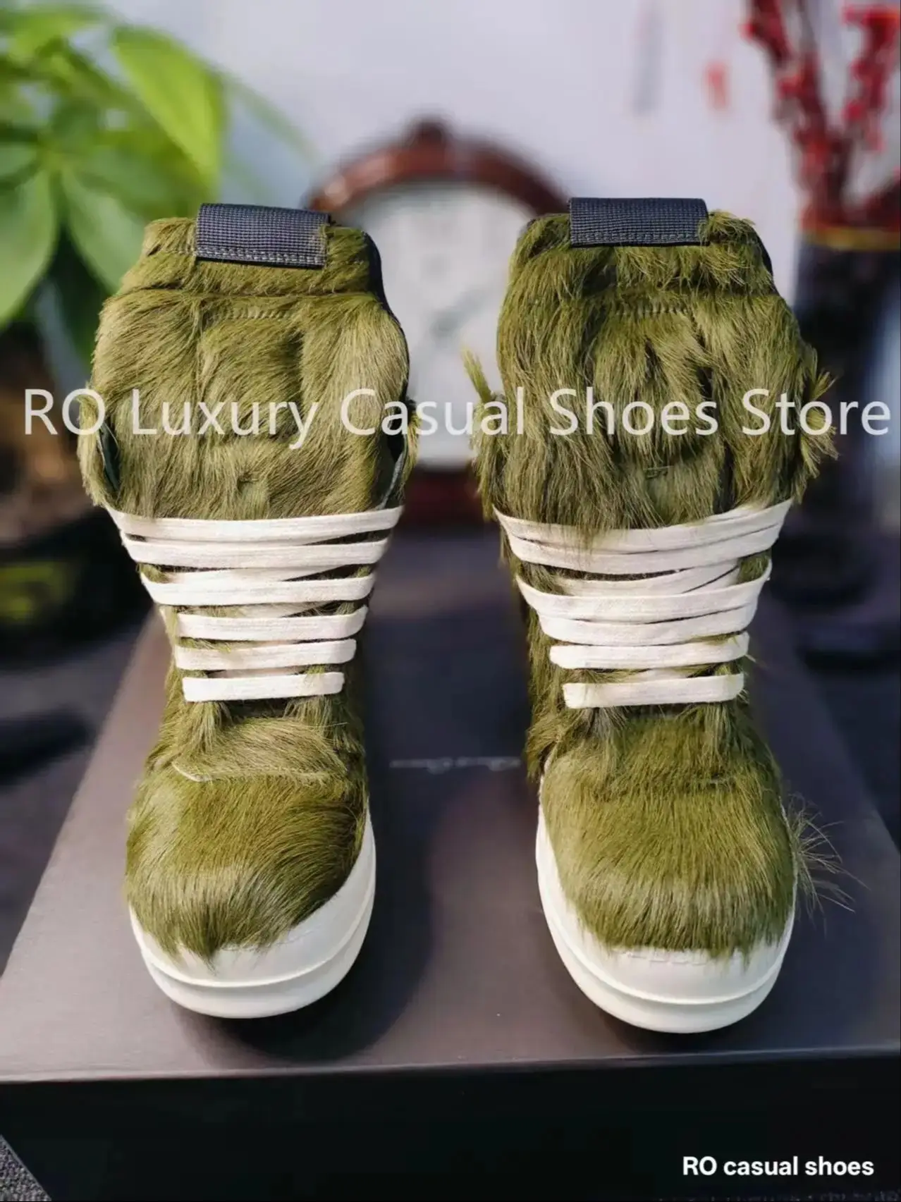 

Ro Classic Designer Luxury Men Ankle Boot Army Green Horsehair Boots Women Sneaker High Top Shoe Casual Shoes Fur Zipper Sneaker