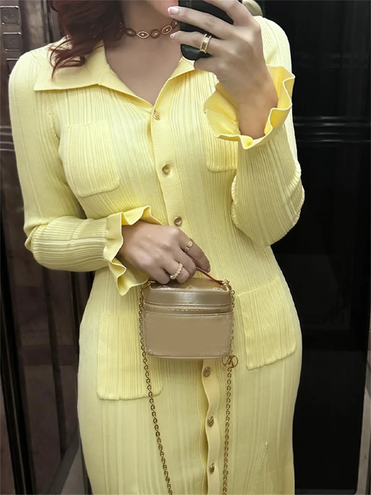 Women Fashion Solid Knitted Dress Ruffle Single Breast Pocket Midi Dresses Elegant Lapel Vestidos Slim Female Street Robes 2024