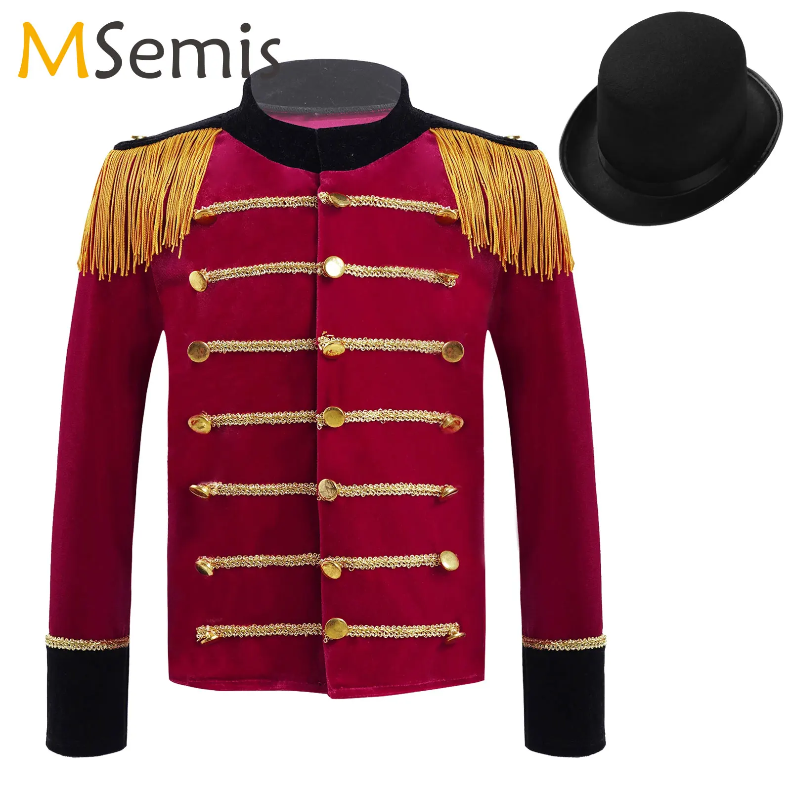 Kids Boy Girls Jacket with Hat Soldier Drum Trumpet Team Costume Teen Long Sleeve Showman Tassel Jacket Halloween Circus Cosplay