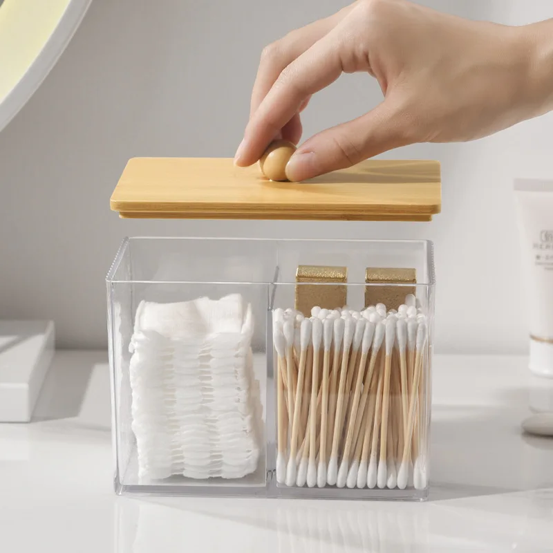 Acrylic Cotton Swab Holder Cotton Swab Dispenser with Bamboo Lids otton Ball Pad Round Swab Holder Clear Apothecary Canister Jar