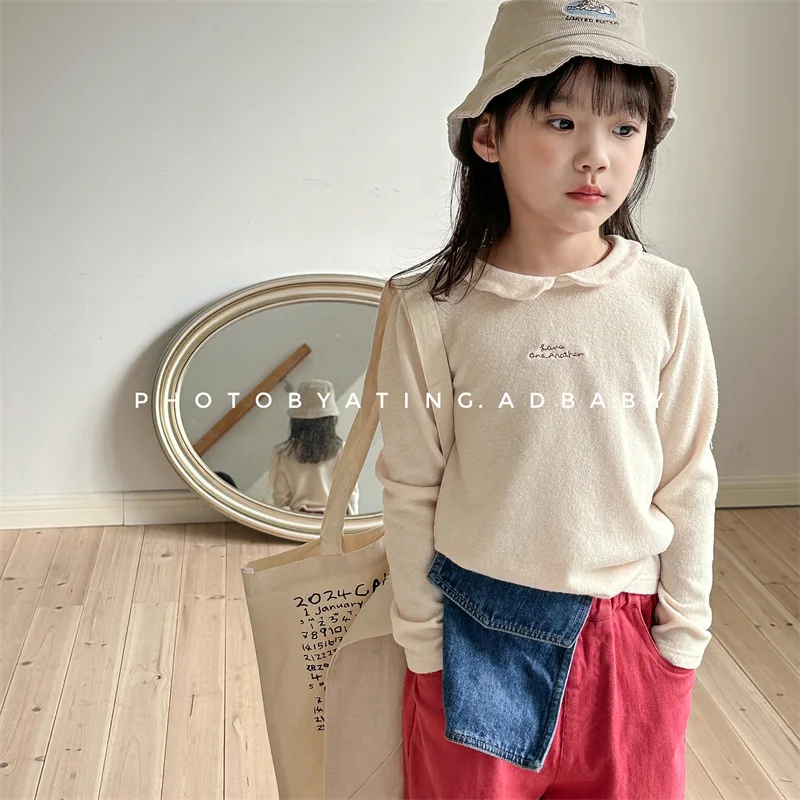 2024 Autumn New Children Long Sleeve T Shirts Cotton Girls Letter Print Bottoming Shirt Baby Cute Lapel Casual Tops Kids Clothes