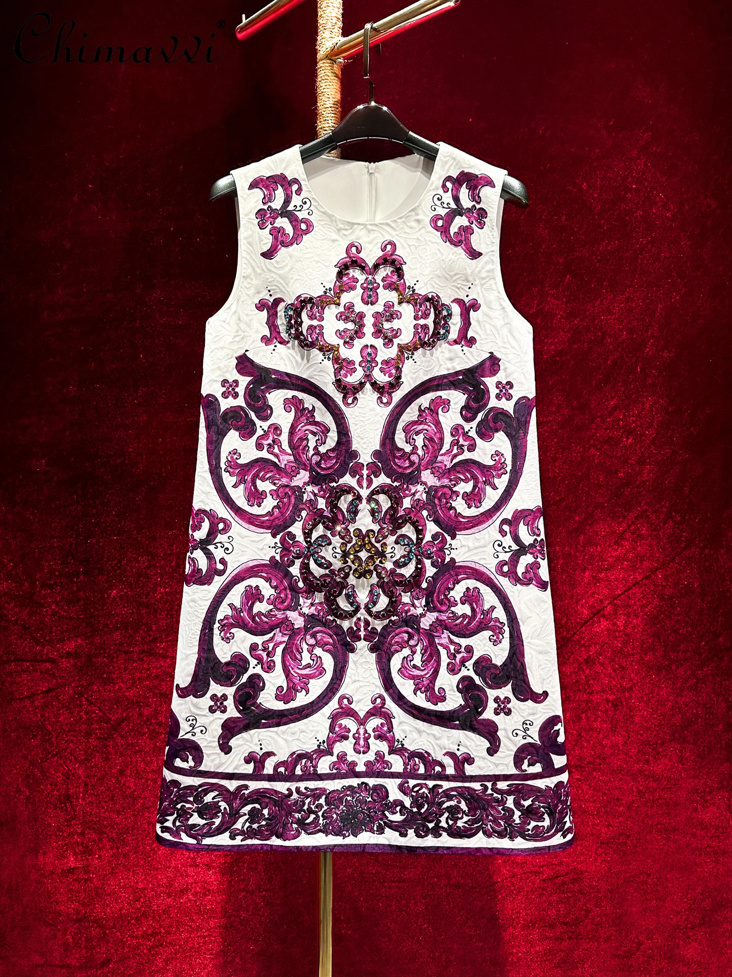 

Spring New High-End Fashion Printed Heavy Luxury A-Line Dress Women Vintage Round Neck Sleeveless Slim Elegant Party Dress