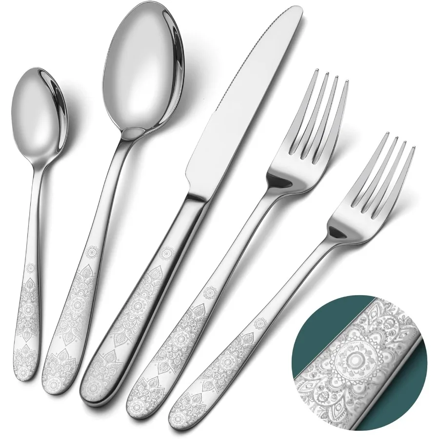 

40 Piece Flatware Set Service for 8 Premium Stainless Steel Cutlery Set Mirror Polished Silverware Sets with Pattern Handle Mod