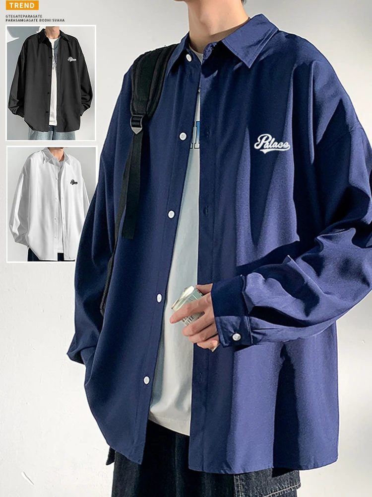 

Spring Trendy Men's Long Sleeve Shirt Loose Casual Drapey Top Versatile Simple High-End Feeling Polyester Blend Non-Ironed