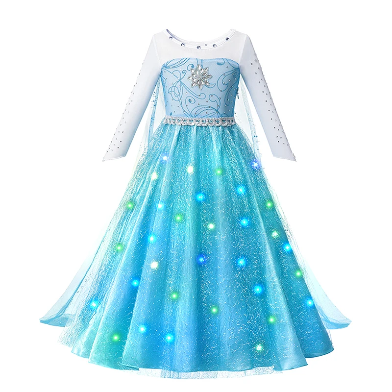 LED Light Up Esa Dresses for Girls Childrens Cosplay Party Clothes Kids Carnival Christmas Party Gown Girls Long Sleeve Dresses