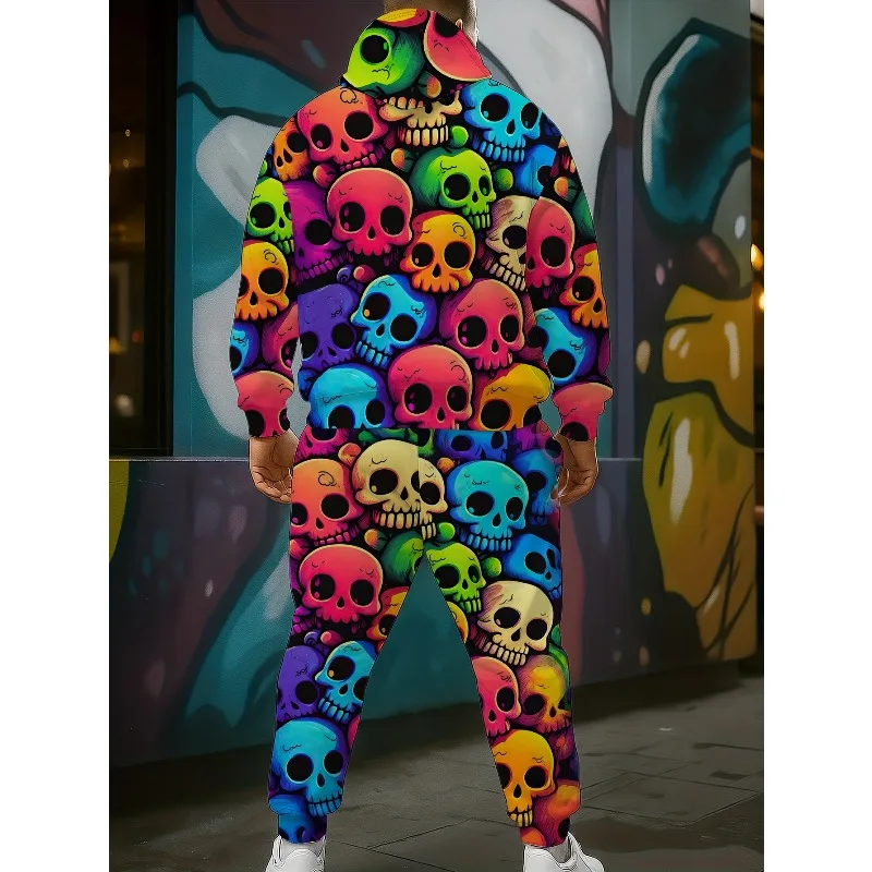 2025 حجم كبير بدلة رجالية غير رسمية ثلاثية الأبعاد مطبوعة مقنعين البلوز Sweatpants العصرية كول اللون الهيكل العظمي مجموعة طباعة كاملة #2