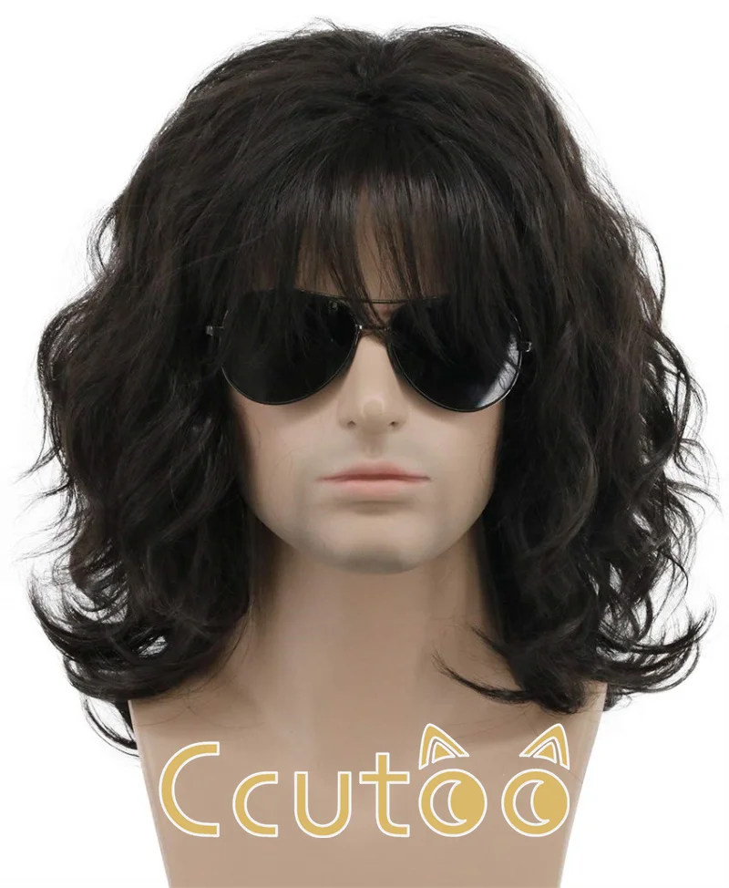 Pelucas ccutoo California, peluca de rockero de los años 70 y 80 para hombres y mujeres, larga, rizada, natural, marrón, negra, disfraz de Halloween, peluca de anime