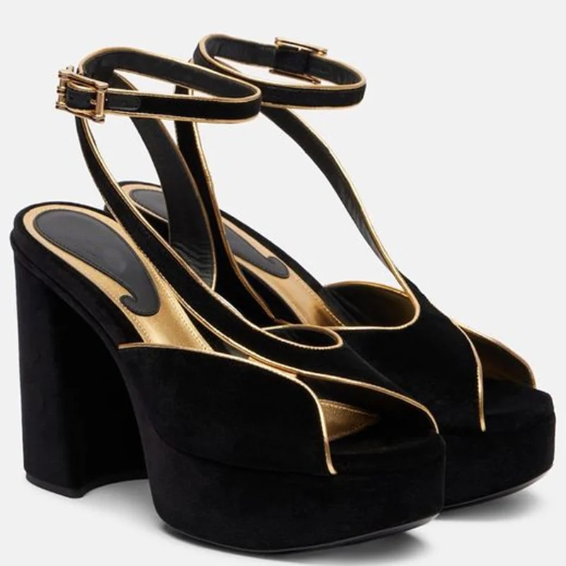 

Platform Patchwork Peep Toe Suede Pumps Sexy Round Toe Square Heel Slingback Bucle Betl New Arrivals Fashion Women Shoes