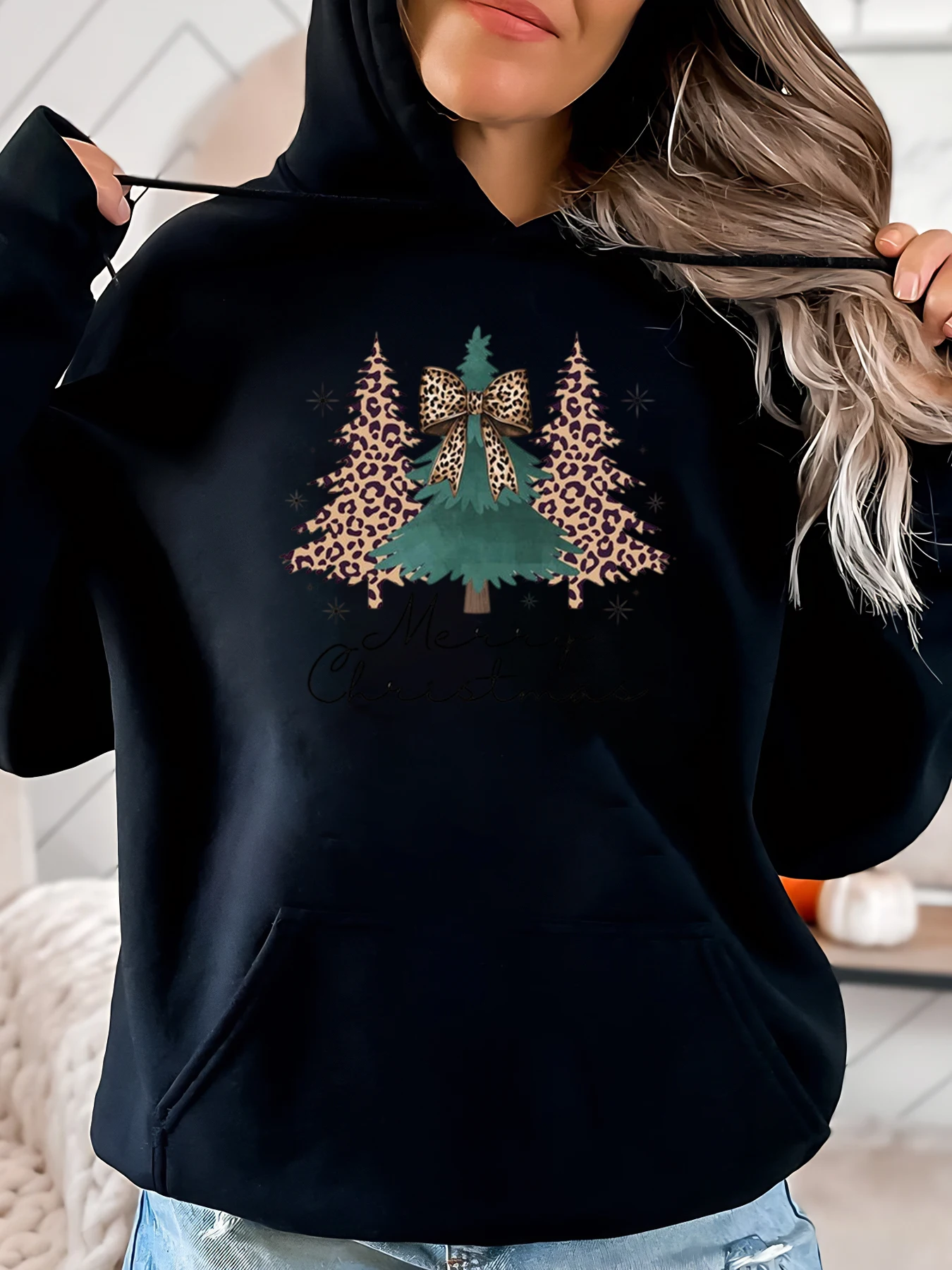 Luipaard Kerstboom Vrolijk Kerstfeest Print Hoodie Dames Winter Vakantie Vrijetijdskleding Zwart Plus-Size