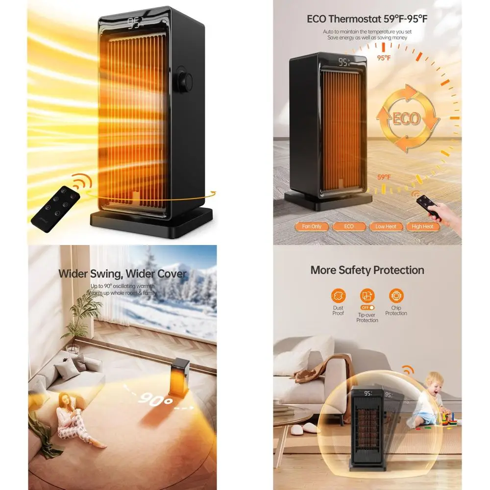 

Электрический обогреватель 1500 Вт для помещений с термостатом ECO, функцией вращения, таймером на 24 часа и пультом ДУ для дома и офиса