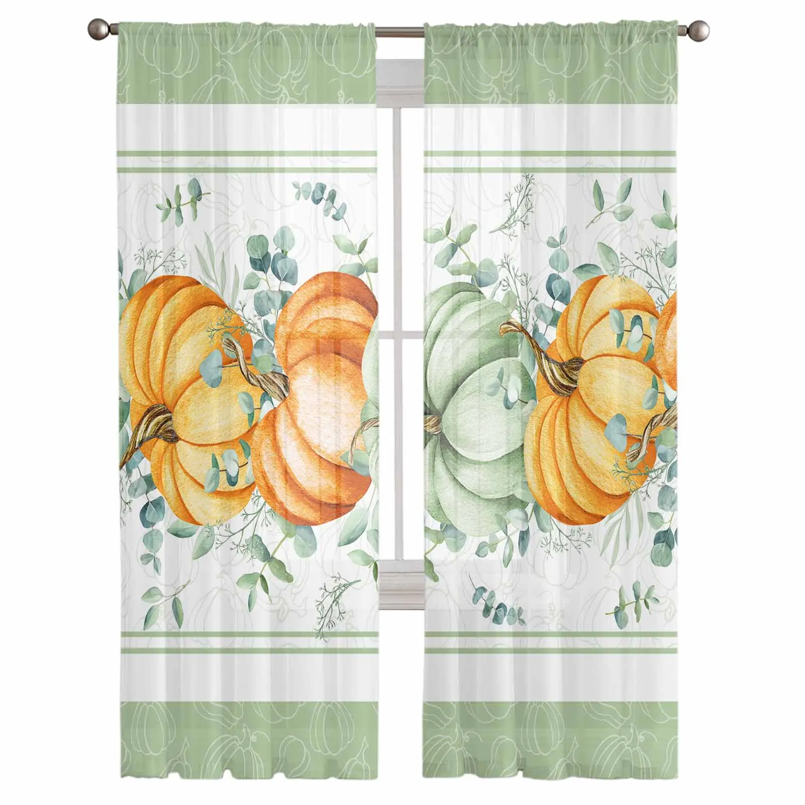 Thanksgiving Pumpkin Eucalyptus Leaves Curtains Living Room Bedroom Kitchen Decoration Window Voiles Organza Tulle Curtain