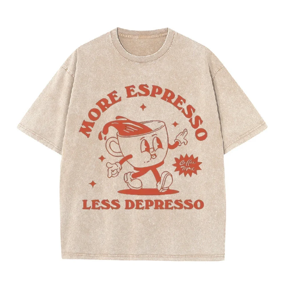 2026 More Espresso Less Depresso Vintage Cartoon Coffee Cup Graphic Beige Washed T Shirt Funny Coffee Lover Casual Oversized Uni