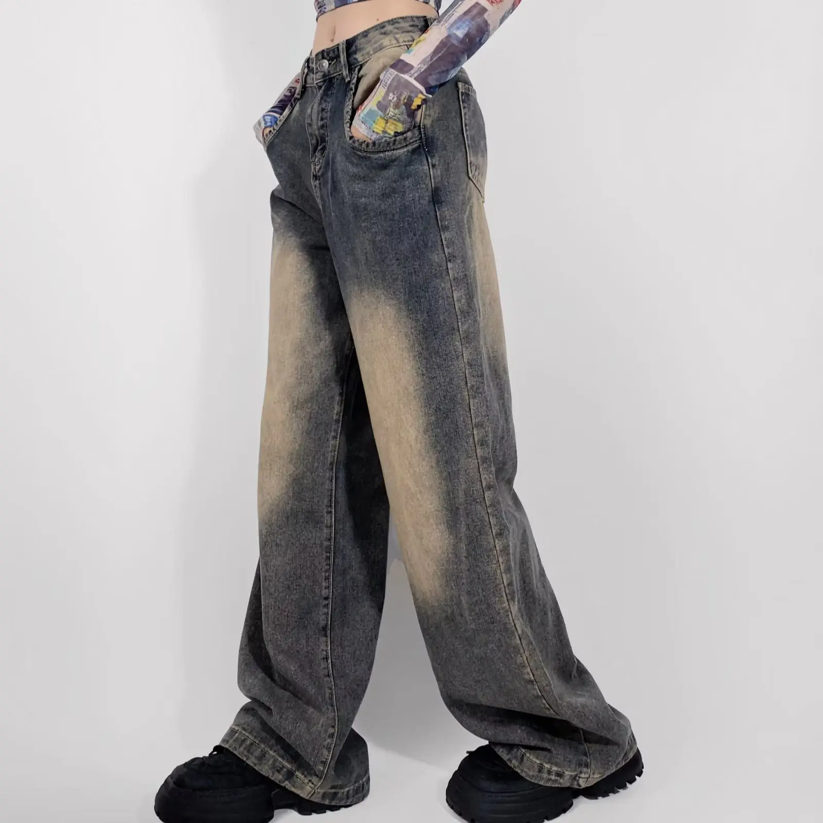 2023 Vintage Washing Color Middle Waist Straight Wide Leg Jeans Women Acid Washes Loose Denim Pants Full Length Tight Trousers