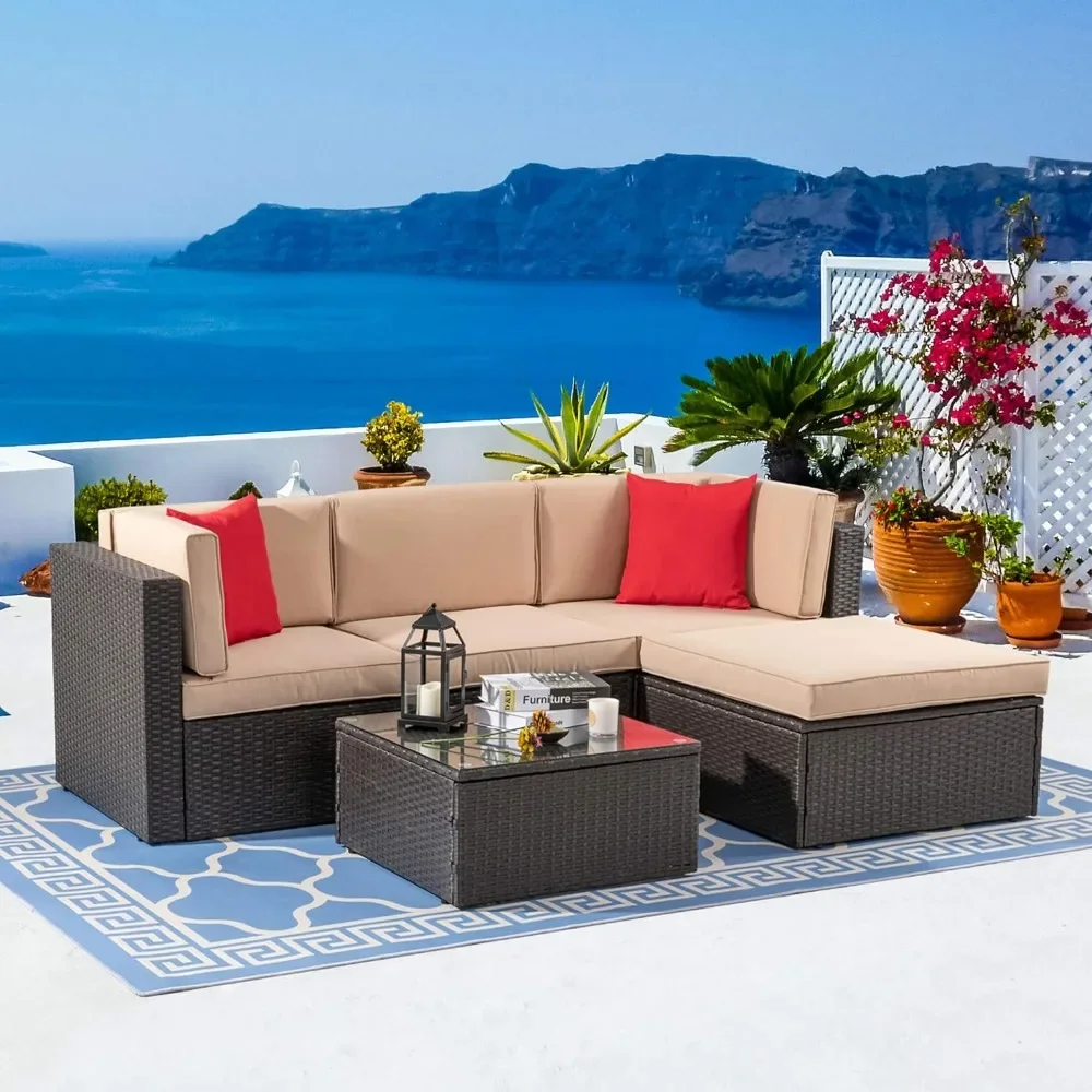 5-piece terrace furniture set, all-weather brown PE wick outdoor sofa combination set, with Ottoman, glass table, beige color