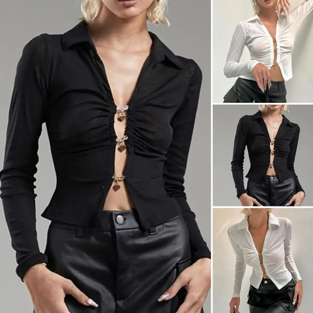 

Chic Club Top Long Sleeves Thin Comfortable Exposed Navel Shirring Lady Cropped Top