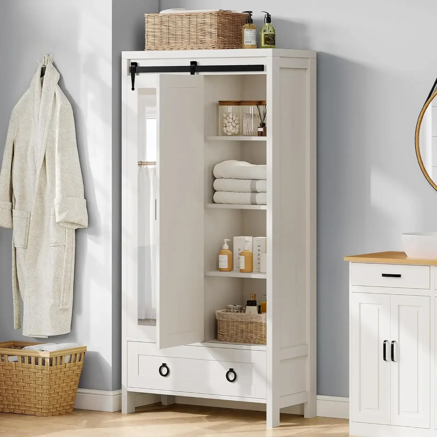 

A Tall Storage Cabinet w/ Full Mirror, Bathroom Cabinets Storage Cabinet w/ Doors & Drawers, Kitchen Pantry Cabinet, White Oak