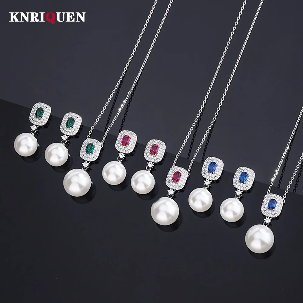 

Charms 12-14mm Pearl Ruby Emerald Sapphire Pendant Necklace Drop Earrings for Women Anniversary Wedding Party Fine Jewelry Set