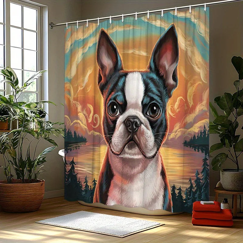 

Boston Terrier Sunset Lake Shower Curtain - Vibrant Art, Polyester,70.8x70.8 Inches,Washable & Line Dry, Artistic Bathroom Decor