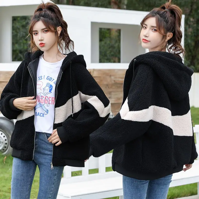 2024  Lamb Wool Hooded Hooded Sweatshirts Women Clothing Long Sleeve Print Slim Waist Y2k Tops Casual Fashion Hoodies