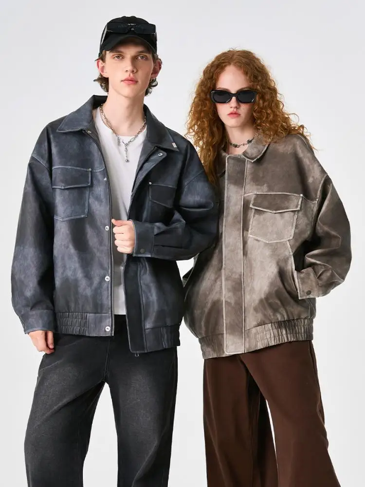 American Retro Pu Jacket Coat For Men And Women 2024 Spring And Autumn High Street Tie-Dye Loose Maillard Lapel Couple's Jackets