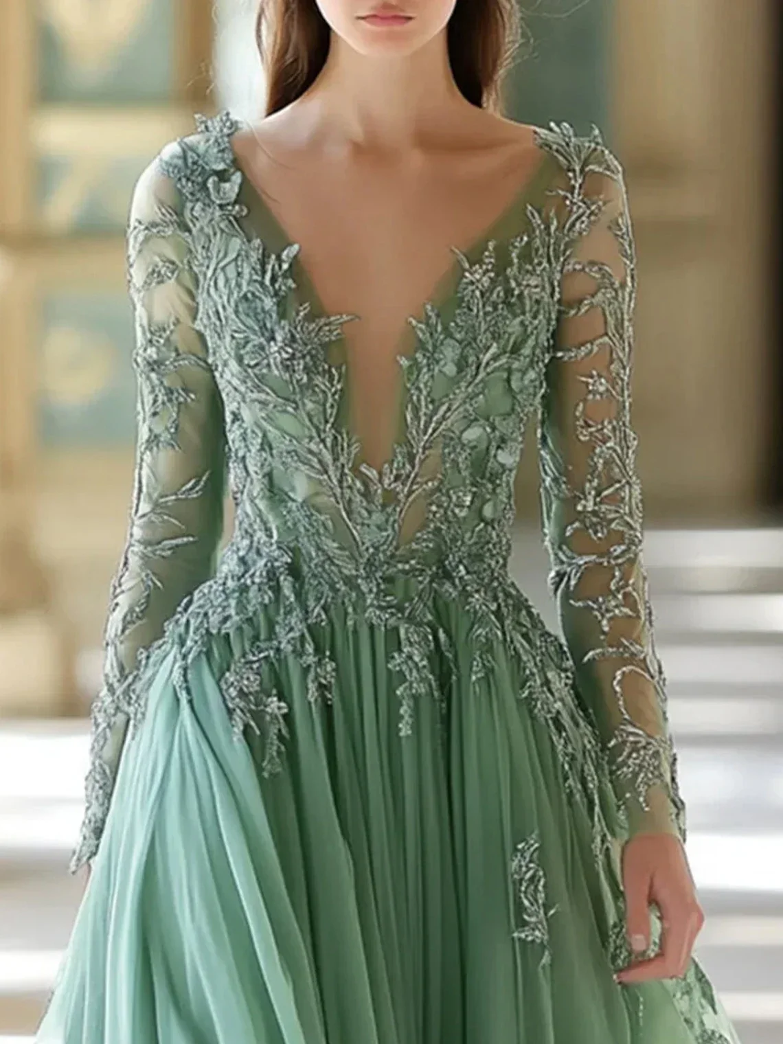 Sage Green Long Sleeves Prom Dress Sheer V-neck Lace Appliques Tulle A-Line Evening Formal Gown Customized Party Wear