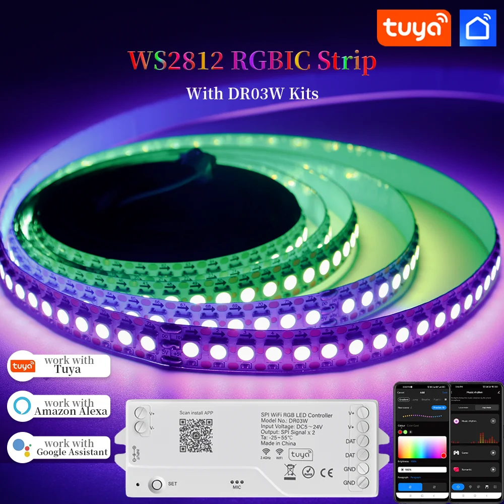 WS2812 Indywidualnie adresowalna dioda LED Programowalna taśma LED RGBIC z kontrolerem Tuya WIFI DR03W obsługa Google Home Alexa