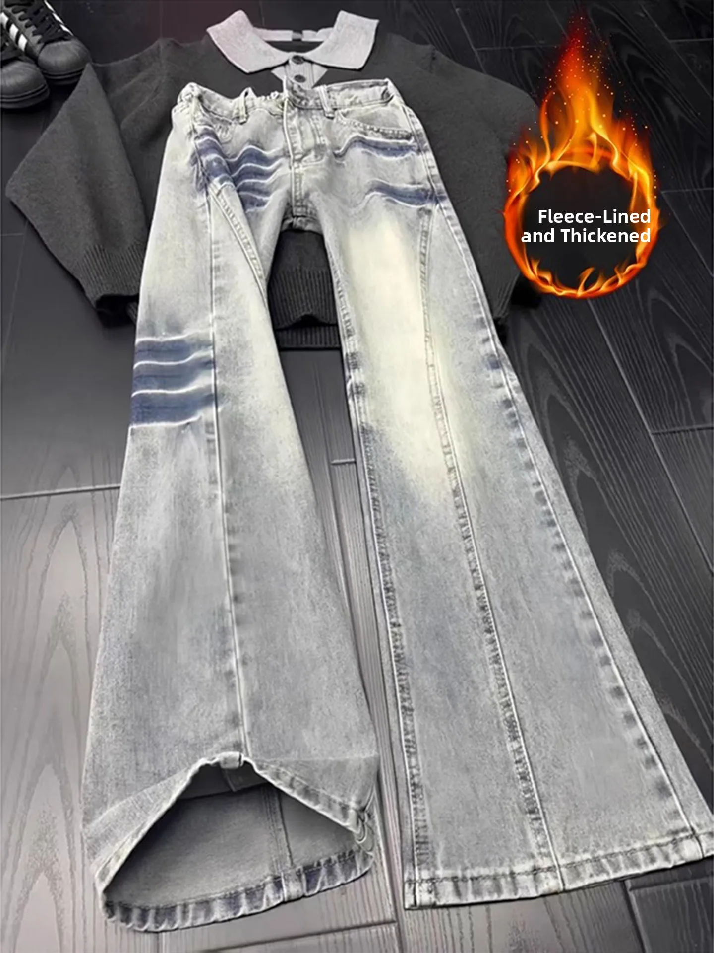 

Blue Fleece Lined Lightning Pattern Men's Jeans Cleanfit American High Street Straight Leg Micro Flared Pants Casual Cotton B...