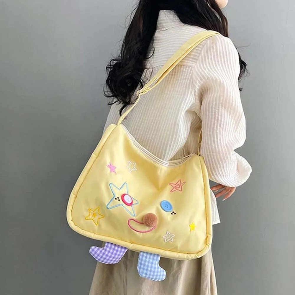 

Literary Ugly and Cute Shoulder Bag Embroidery Nylon Yellow Crossbody Bag Japanese Style Button Students Messenger Pouch Work
