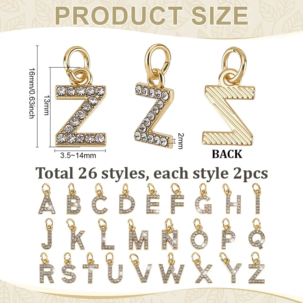 

52Pcs Alloy Rhinestone Pendants Letter A~Z with 304 Stainless Steel Findings Golden 16mm