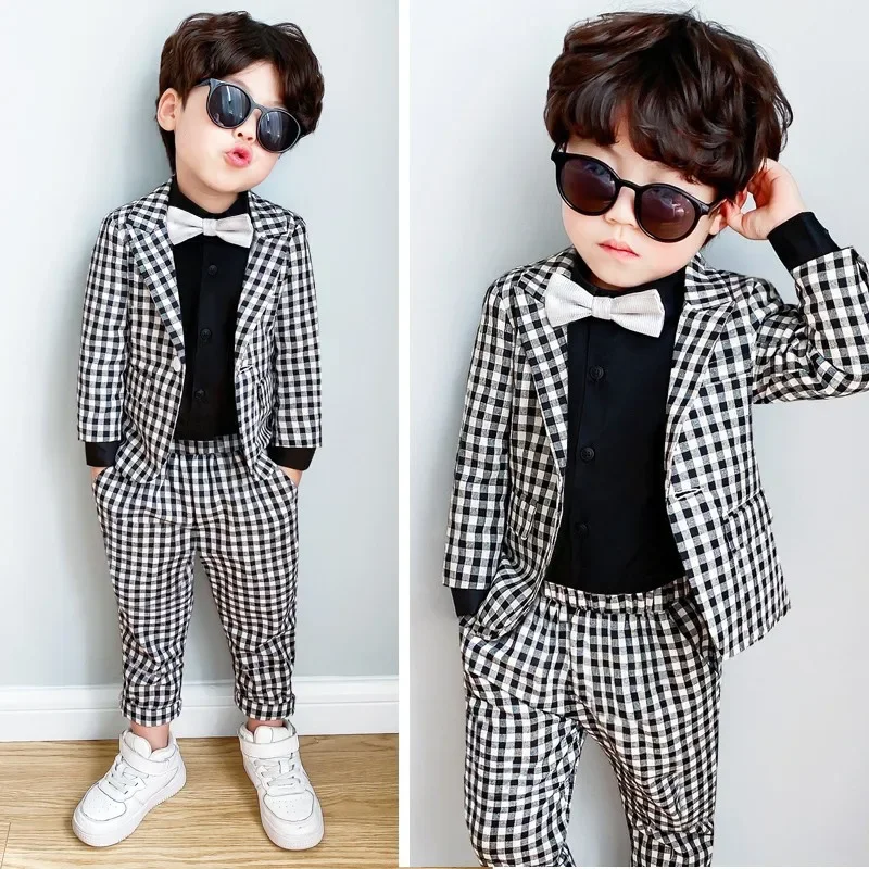 Formal Baby Child Plaid Dress Suit Set Spring Autumn Flower Boys Wedding Party Performace Costume Kids Blazer Pants Clothes