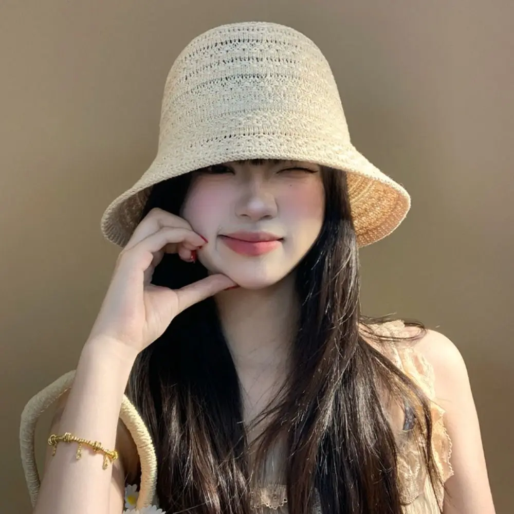 

Ins Summer Weaving Straw Cap Handmade Women's Beach Sun hat Outdoor Wide Brimmed Visor Bucket Hat Girls
