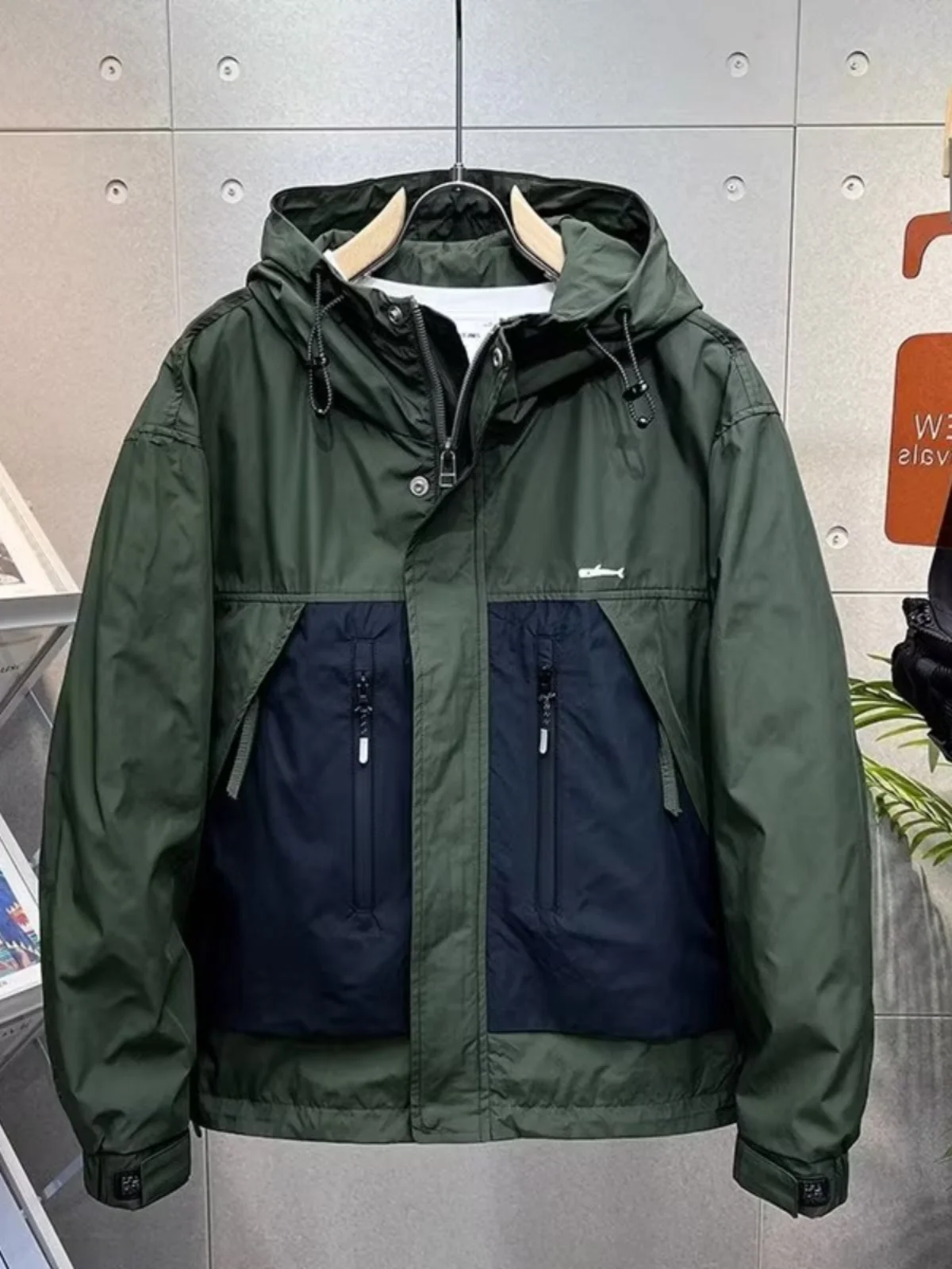 

Fall New Men's Workwear Jaet Loose Hooded Casual Color Blo Splicing Coat Trendy Long Sve Stand Fit Youth Jaet