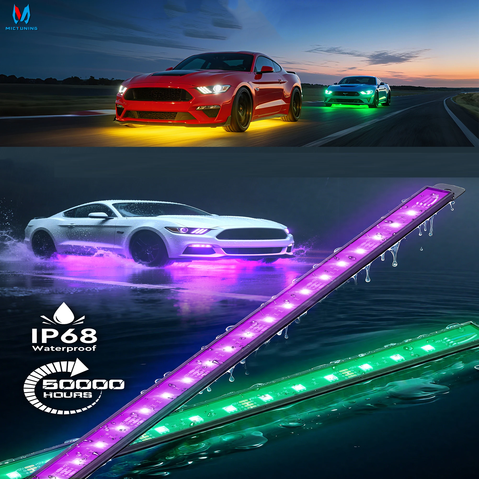 

MICTUNING 8pcs U8 RGB Underglow LED Light Bar, Dual Remote Control, Multicolor Underbody Light Strip with Aluminum Housing