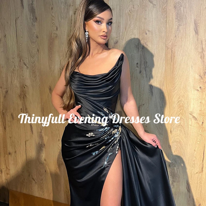 Thinyfull Black Mermaid Prom Evening Dresses Strapless Beadings High Split Cocktail Party Gowns Custom Size vestidos de noche