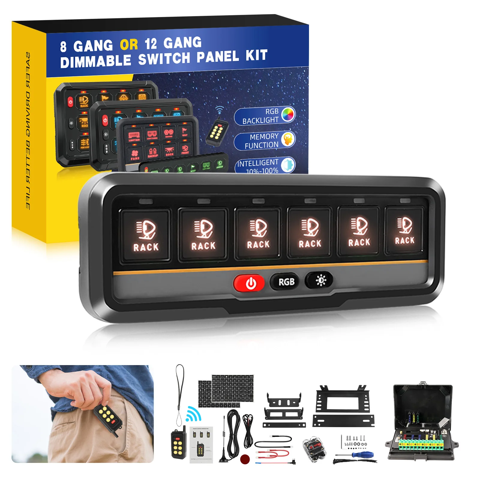 HL 6 Gang RGB Switch Panel for Car Wireless Remote APP Control Dimmable Switch Panel 12V 24V for Truck SUV Boat off-road use