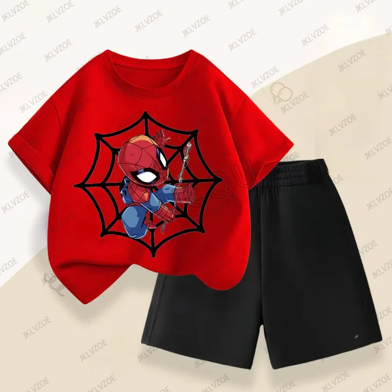 

MINISO Summer Disney Boys and Girls Casual Outfits Anime Spiderman Children Tshirt+Shorts Suit 2 Piece Set Kids Sport Clothing