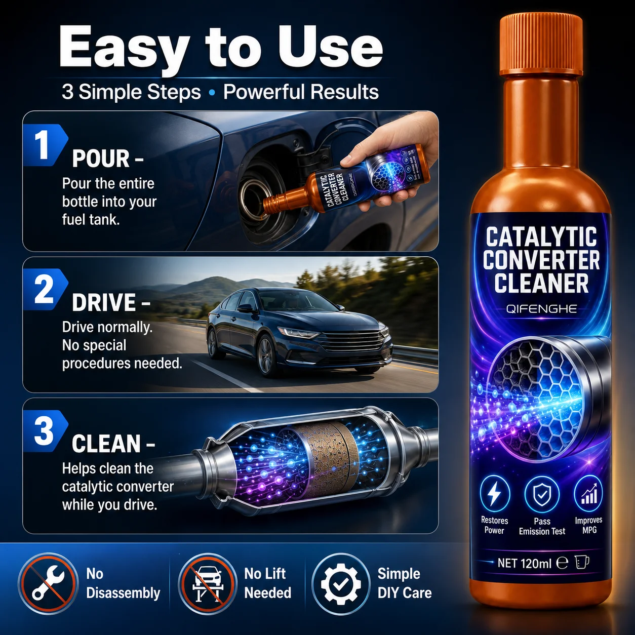 QIFENGHE Catalytic Converter Cleaner 120ml, Deep Carbon Removal, Unclog Converter, Restore Power, Pass Emission Test, Easy Pour